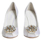 Dolce & Gabbana White Crystals Peep Toe Satin Pumps Shoes