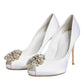 Dolce & Gabbana White Crystals Peep Toe Satin Pumps Shoes