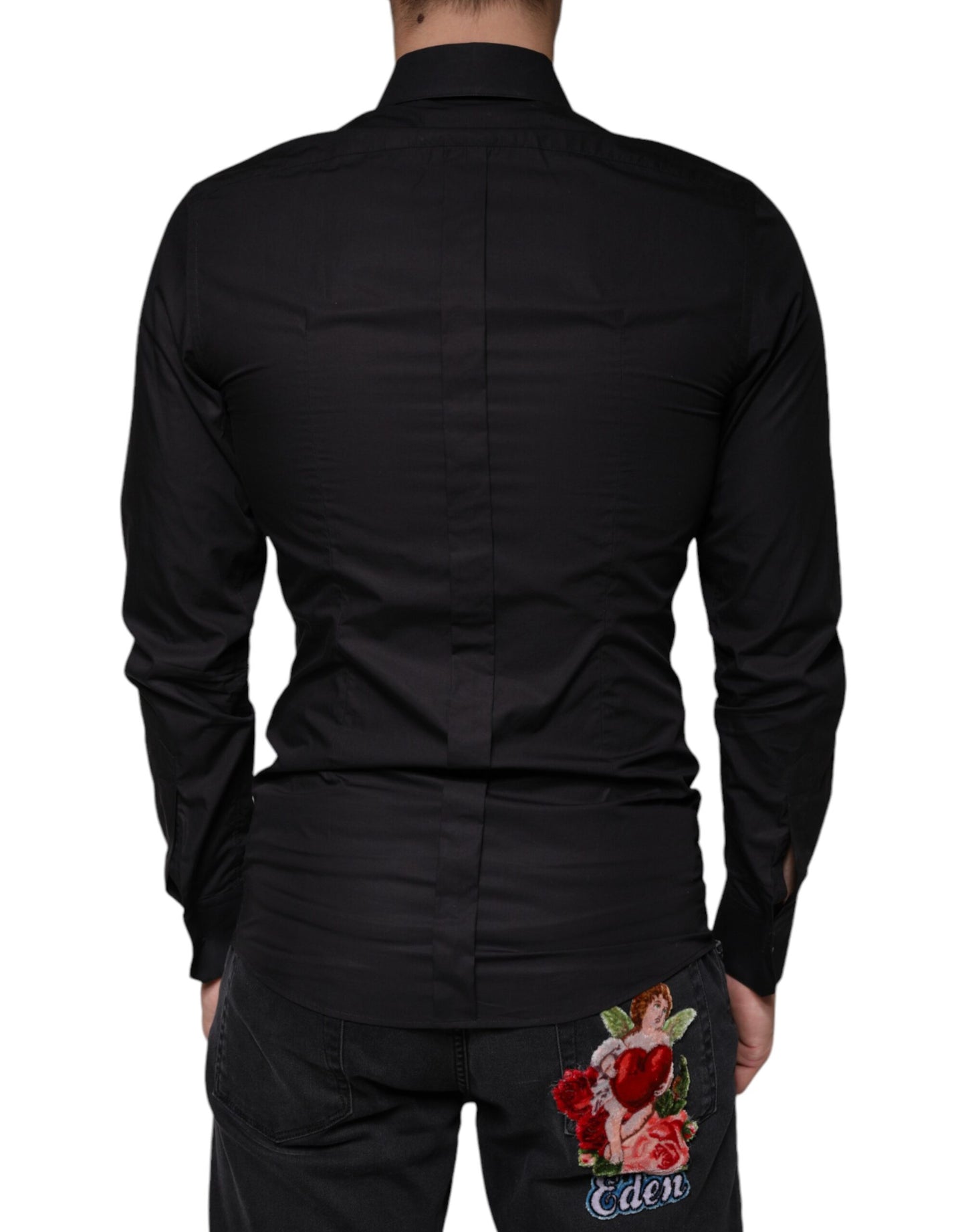 Dolce & Gabbana Black Cotton Stretch Dress GOLD Formal Shirt