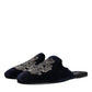 Dolce & Gabbana Black Velvet DG Crown Embroidery Slides Shoes