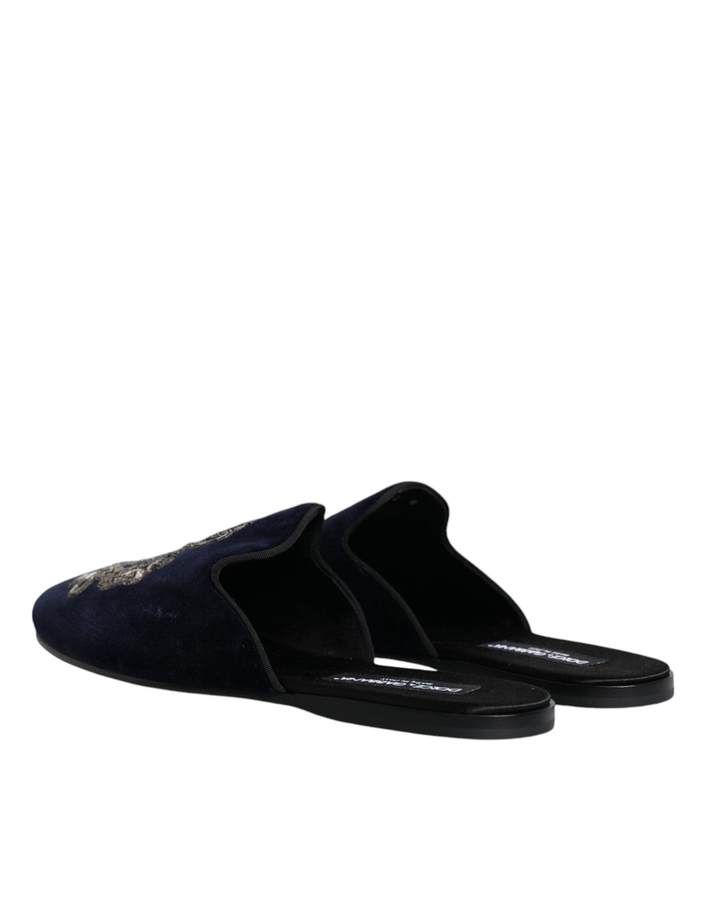 Dolce & Gabbana Black Velvet DG Crown Embroidery Slides Shoes