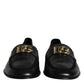 Dolce & Gabbana Black Leather Logo Slip On Loafers Shoes