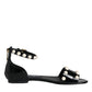 Dolce & Gabbana Black Leather Pearls Ankle Strap Sandals Shoes