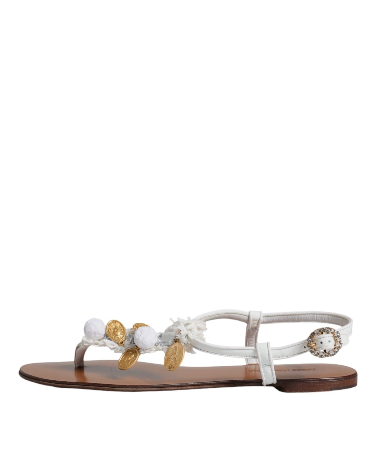 Dolce & Gabbana White Leather Coins Flip Flops Sandals Shoes