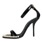 Dolce & Gabbana Black Keira Leather Faux Pearl Sandals Heels Shoes