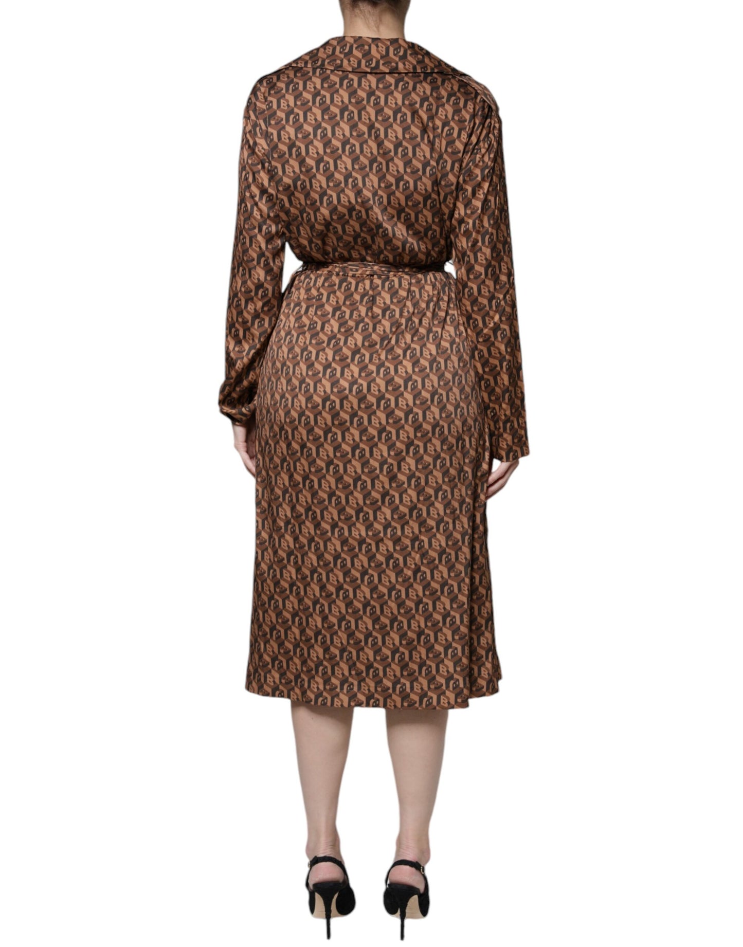 Ballantyne Brown Printed Long Sleeves V-neck Wrap Midi Dress