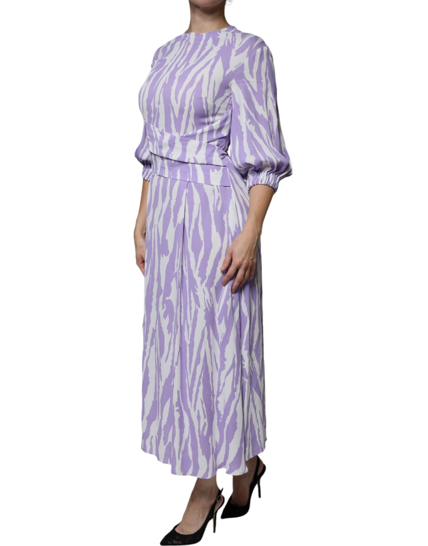 MSGM White Purple Patterned Viscose Short Sleeves Maxi Dress