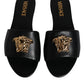 Versace Black Leather Logo Plaque Slip On Slides Flats Shoes