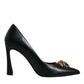 Versace Black Leather Logo Plaque High Heels Pumps Shoes