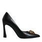 Versace Black Leather Logo Plaque High Heels Pumps Shoes