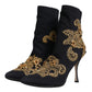 Dolce & Gabbana Black Gold Embroidery Slip On Boots Shoes