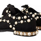 Dolce & Gabbana Black Lace Up Jewelled Formal Flats Shoes
