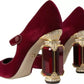 Dolce & Gabbana Red Velvet Gold Crystals Heels Mary Janes Shoes