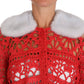 Dolce & Gabbana Elegant Red Crochet Knit Cardigan with Fur Collar