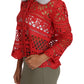 Dolce & Gabbana Elegant Red Crochet Knit Cardigan with Fur Collar