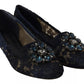 Dolce & Gabbana Blue Crystal Loafer Lace Ballet Flats Shoes