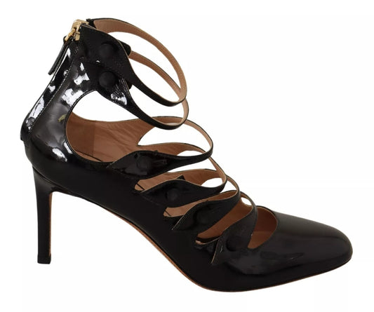 Valentino Black Multi Strap Leather Mid Heels Pumps Shoes