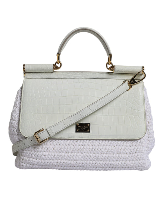 Dolce & Gabbana White Rafia Leather Top Handle Crossbody Bag