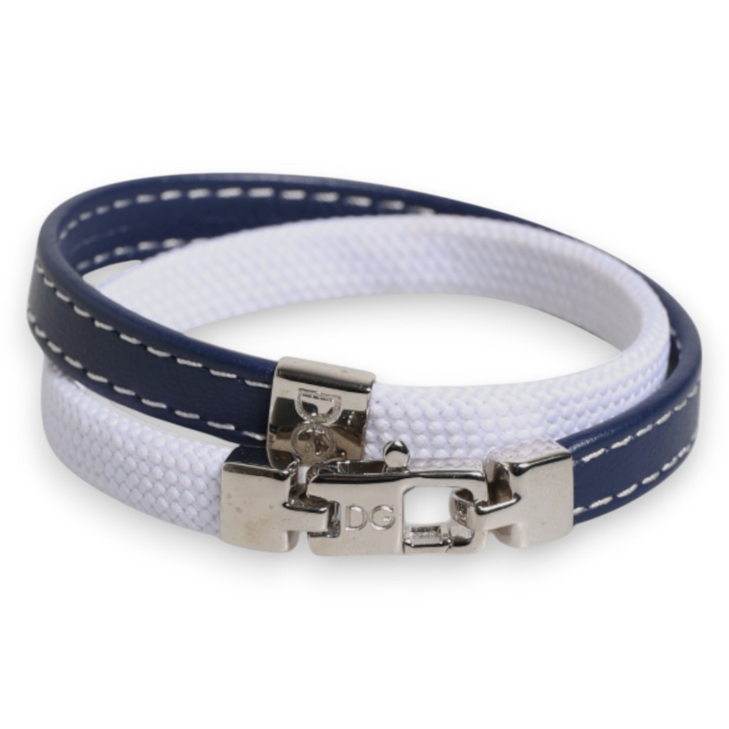 Dolce & Gabbana Blue White Leather Trimmed DG Engraved Silver Tone Clasp Bracelet
