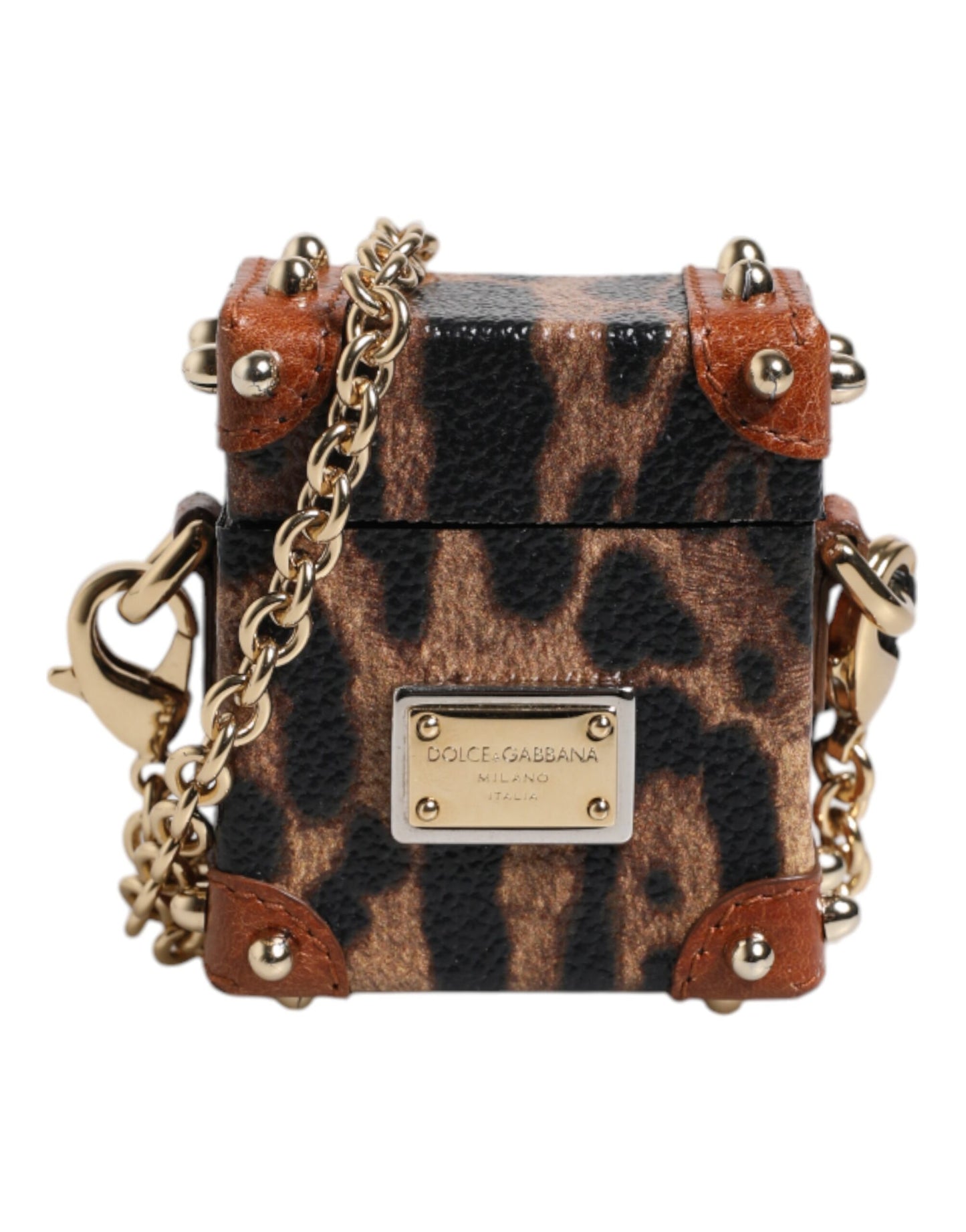 Dolce & Gabbana Brown Leopard Metal Logo Plaque Gold Chain Airpods Case