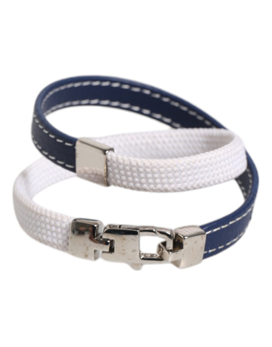 Dolce & Gabbana Blue White Leather Trimmed DG Engraved Silver Tone Clasp Bracelet