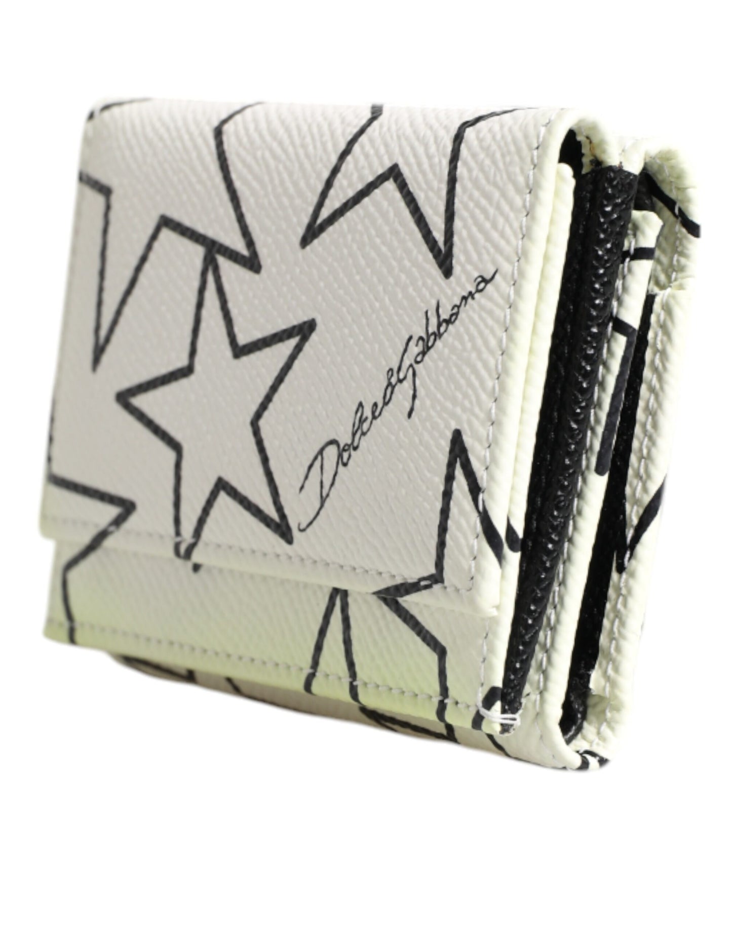 Dolce & Gabbana White Leather Trifold DG Star Print Card Holder Wallet