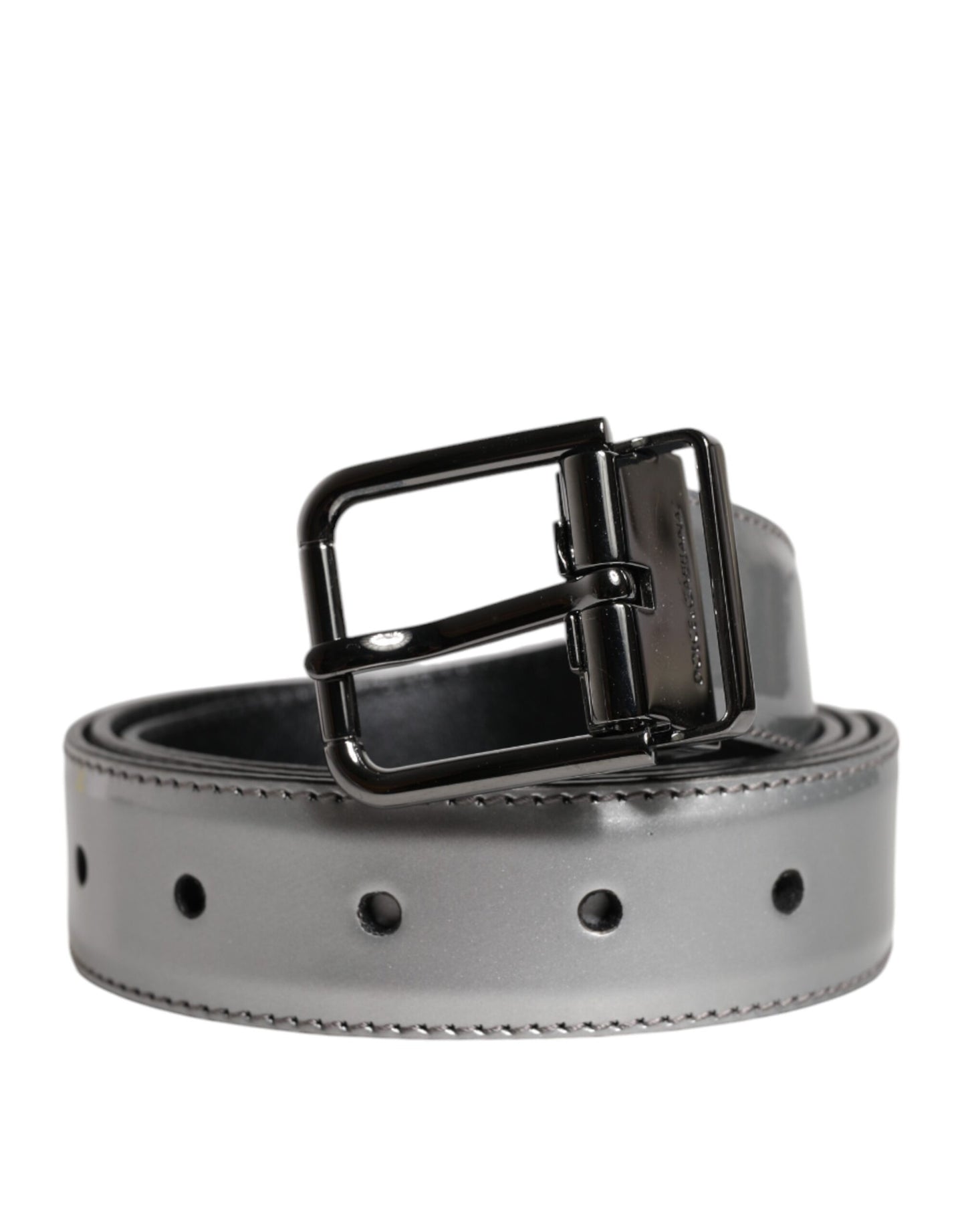 Dolce & Gabbana Silver Leather Classic Metal Logo Buckle Belt