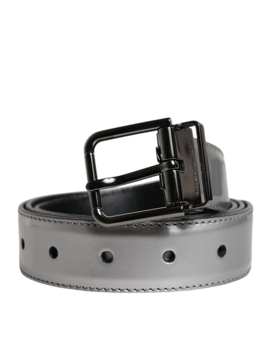 Dolce & Gabbana Silver Leather Classic Metal Logo Buckle Belt