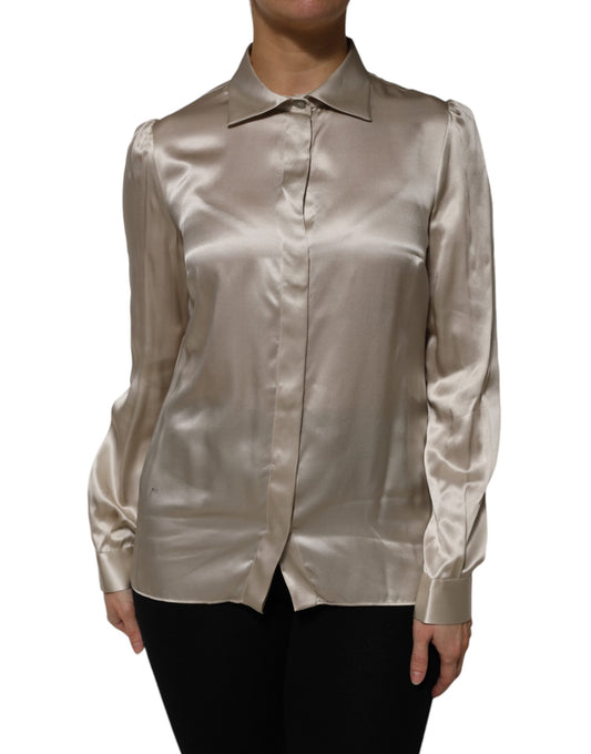 Dolce & Gabbana Beige Satin Silk Collared Long Sleeves Top