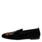 Dolce & Gabbana Black Velvet Gold Crown Mens Loafers Shoes