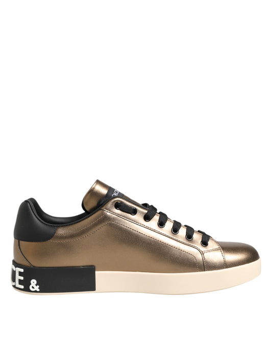 Dolce & Gabbana Gold White Leather Low Top Men Sneakers Shoes