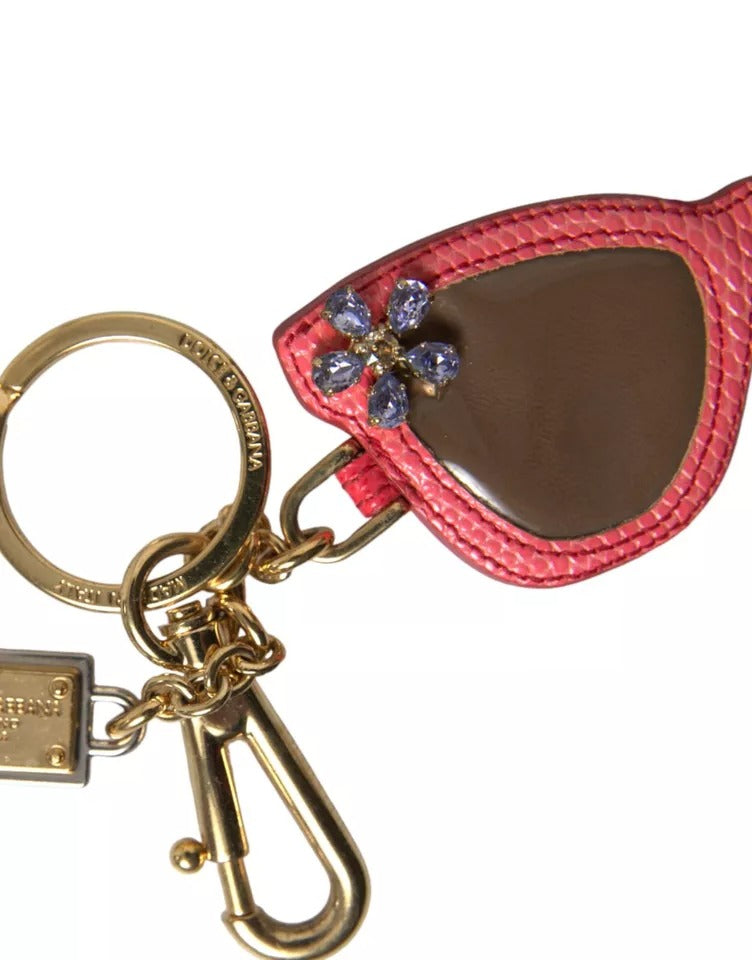 Dolce & Gabbana Red Leather Crystal Sunglasses Gold Metal Keyring Keychain