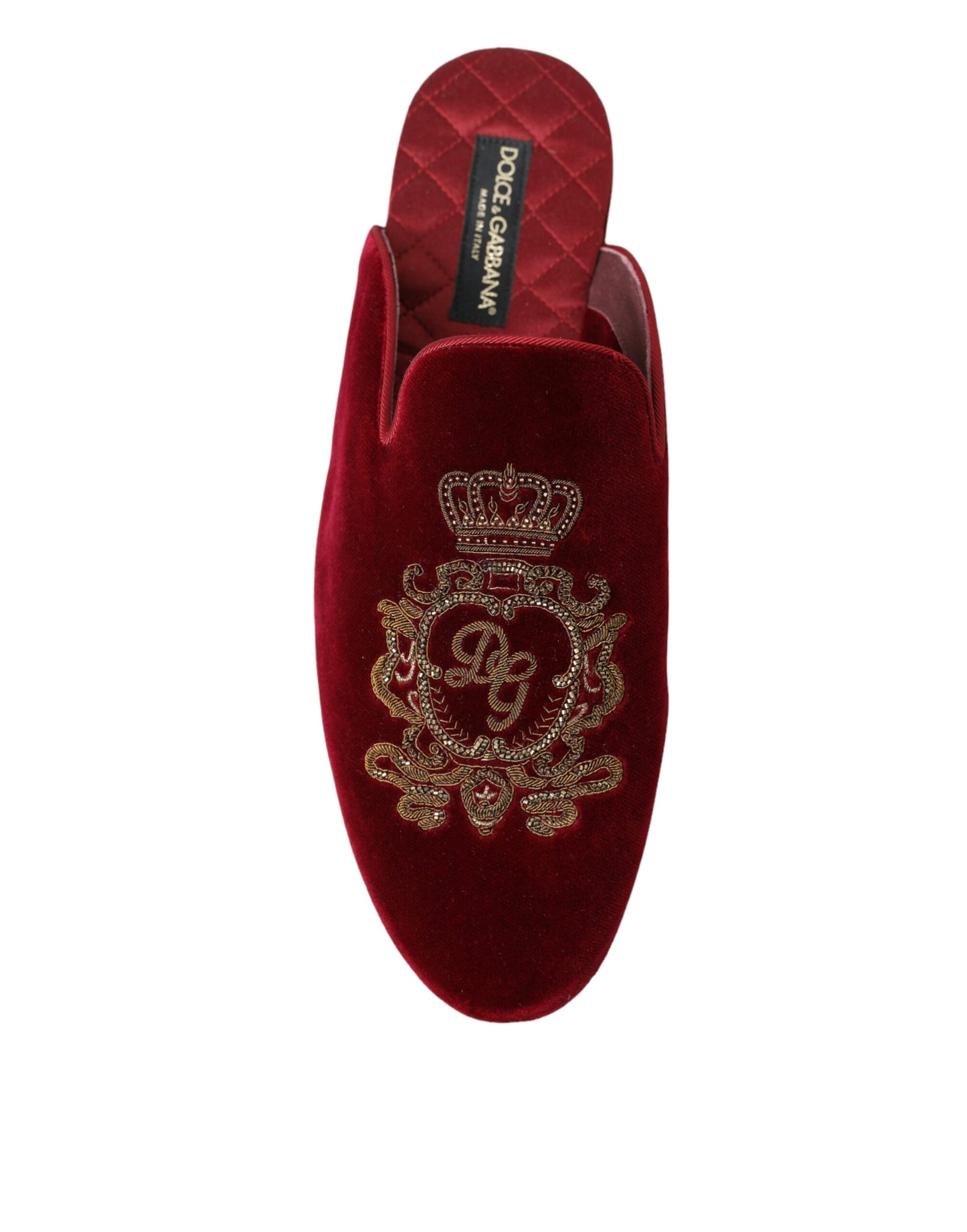 Dolce & Gabbana Bordeaux Velvet Gold Crown Embroidery Slides Shoes