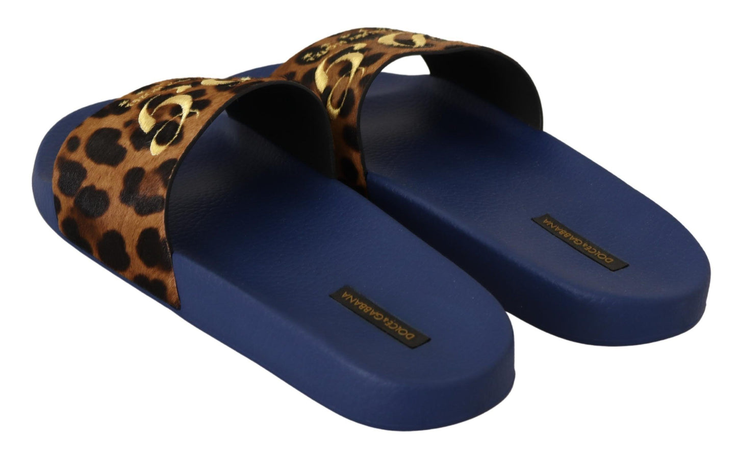 Dolce & Gabbana Blue Brown Leopard Logo Rubber Slides Slippers Shoes