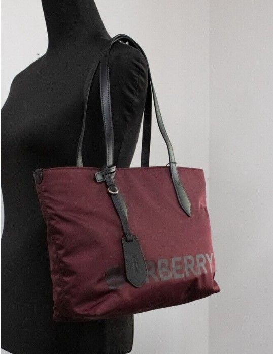 Burberry Small Burgundy Logo Branded Econyl Nylon Tote Shoulder Handbag Purse