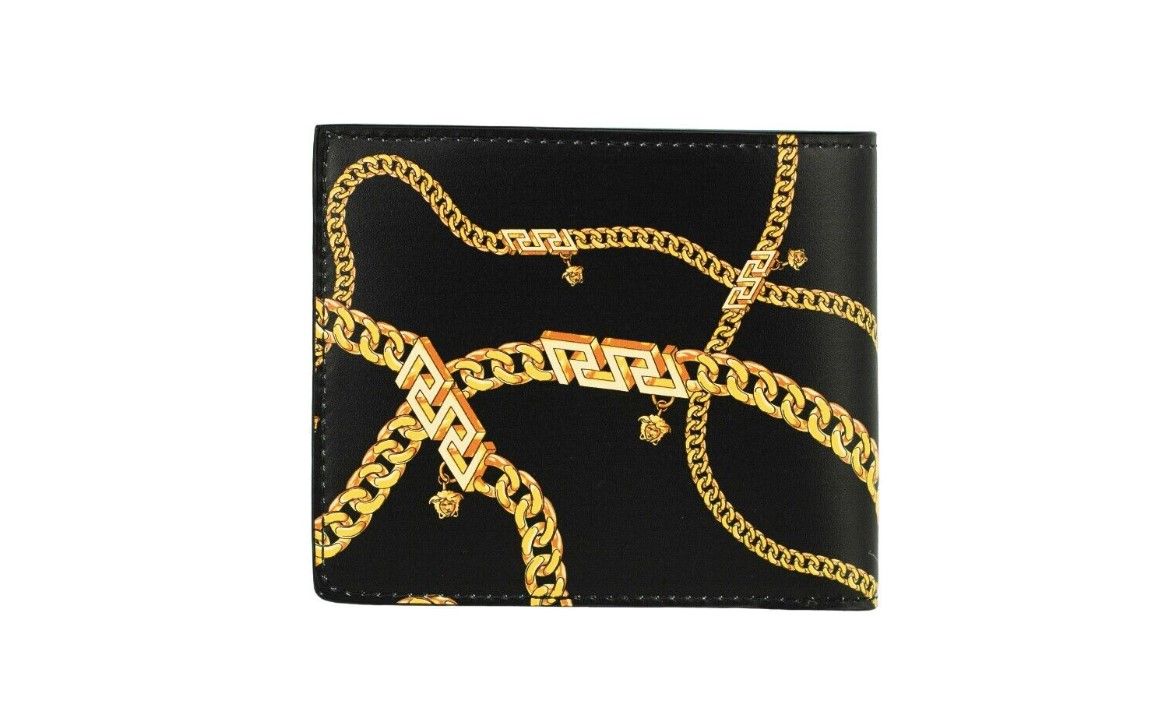 Versace Black Smooth Leather Gold Medusa Head Chain Logo Bifold Organizer Wallet