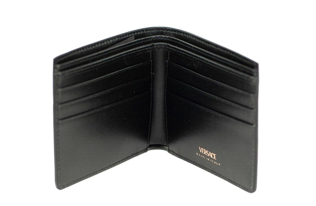 Versace Black Smooth Leather Gold Medusa Head Chain Logo Bifold Organizer Wallet